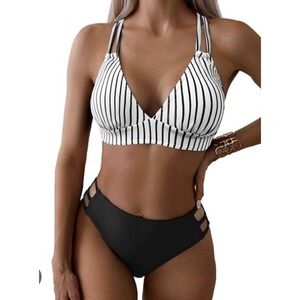 Eidon Womens Striped Bikini Top Black Bottoms Swimsuit Bralette Top Size Large